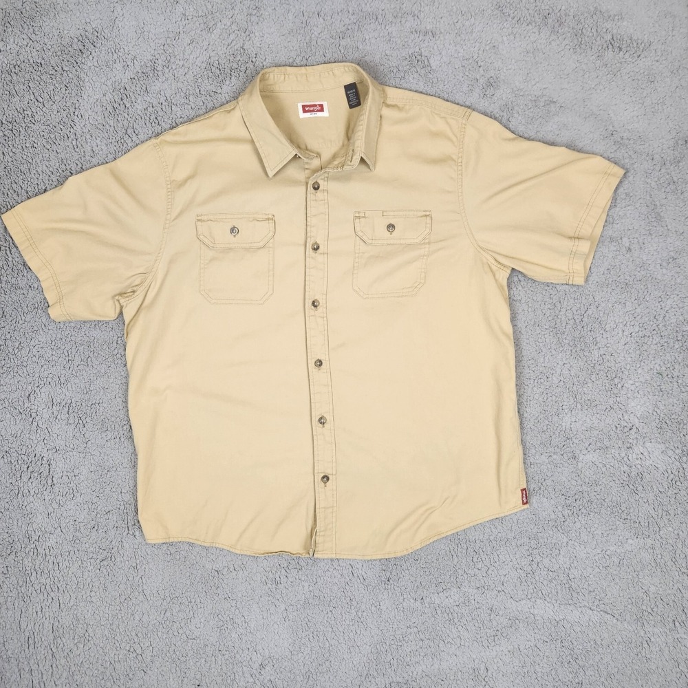 Wrangler Mens XL Khaki Short Sleeve Button Up Work Shirt Utility Western Pockets